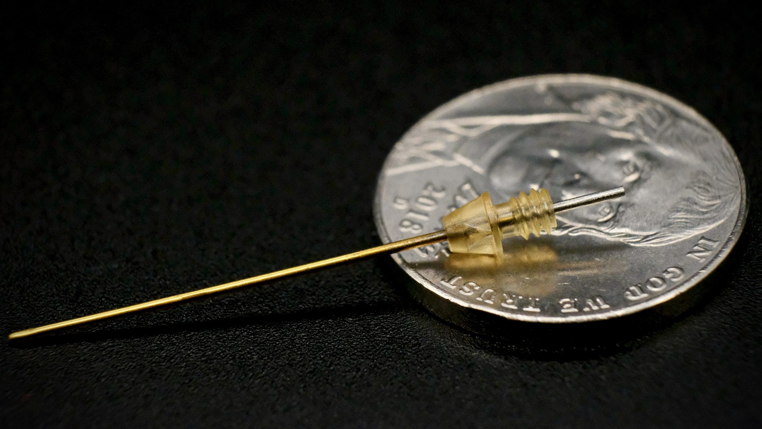 A tiny needle sitting on top of a coin.